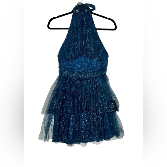 NWT Lulus Sweet Magic Navy Blue Glitter Tiered Tulle Halter Mini Dress, Medium - Picture 5 of 14